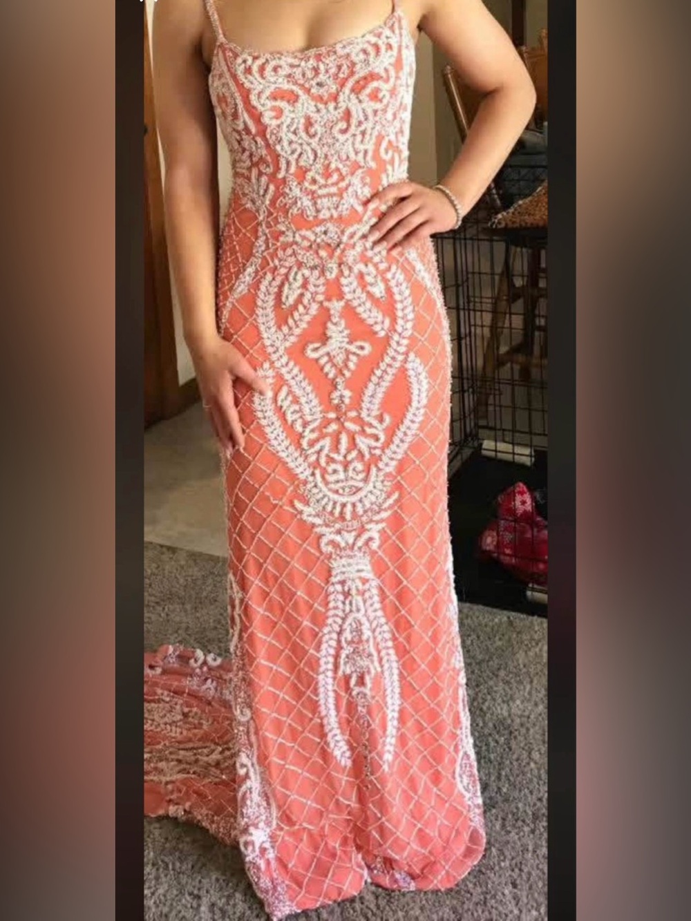 Sherri Hill Coral Maxi Gown with White Beaded Lace